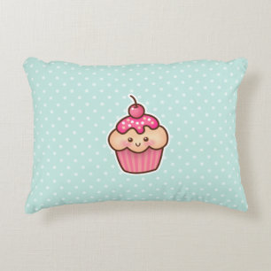 Kawaii Pink Cupcake and Cute Mint Blue Polka Dots Accent Pillow