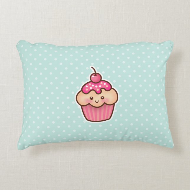 Kawaii Pink Cupcake and Cute Mint Blue Polka Dots Accent Pillow (Front)