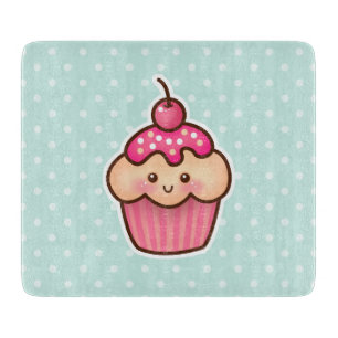 Kawaii Pink Cupcake and Cute Mint Blue Polka Dots Cutting Board
