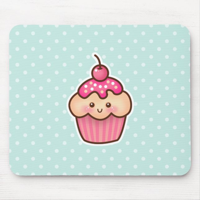Kawaii Pink Cupcake and Cute Mint Blue Polka Dots Mouse Pad (Front)