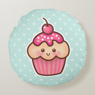 Kawaii Pink Cupcake and Cute Mint Blue Polka Dots Round Pillow
