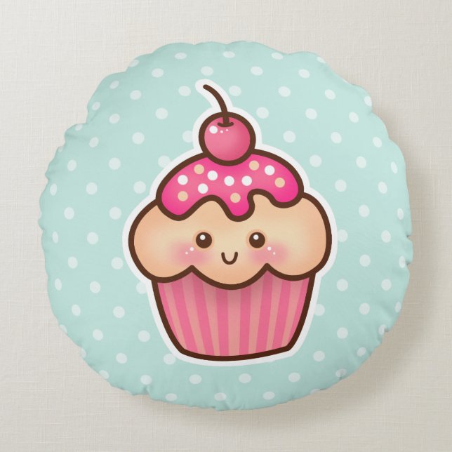 Kawaii Pink Cupcake and Cute Mint Blue Polka Dots Round Pillow (Front)