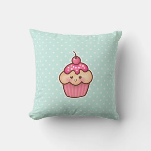 Kawaii Pink Cupcake and Cute Mint Blue Polka Dots Throw Pillow