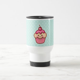 Kawaii Pink Cupcake and Cute Mint Blue Polka Dots Travel Mug