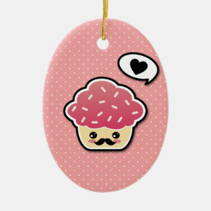 Kawaii Pink Cupcake with a Moustache Ceramic Ornament