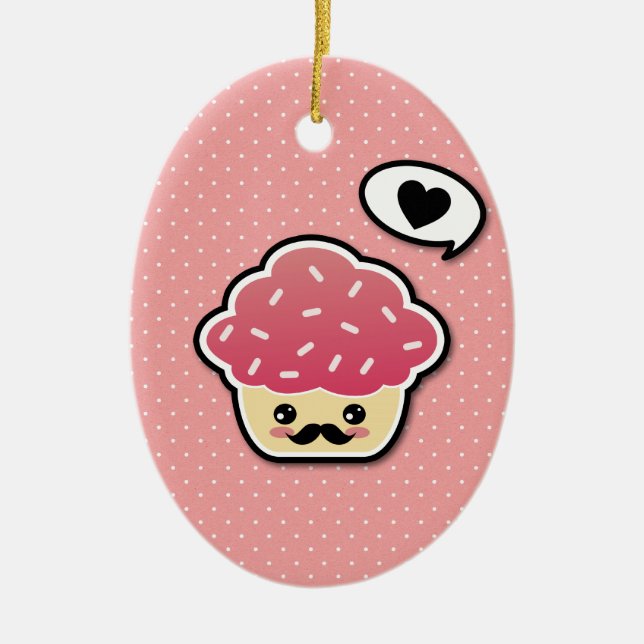 Kawaii Pink Cupcake with a Moustache Ceramic Ornament (Front)
