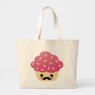 Kawaii Pink Cupcake with a Moustache Large Tote Bag