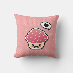 Kawaii Pink Cupcake with a Moustache Throw Pillow