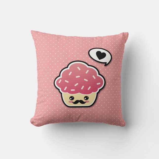 Kawaii Pink Cupcake with a Moustache Throw Pillow (Front)
