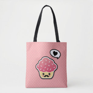 Kawaii Pink Cupcake with a Moustache Tote Bag