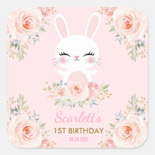 Kawaii Pink Gold Bunny Birthday Party Favours Square Sticker