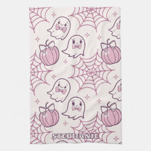Kawaii Pink Halloween Ghosts & Pumpkin Kitchen Towel