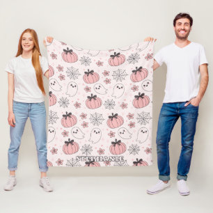 Kawaii Pink Halloween Ghosts & Pumpkins Fleece Blanket