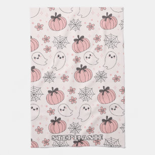 Kawaii Pink Halloween Ghosts & Pumpkins Kitchen Towel