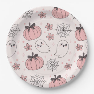 Kawaii Pink Halloween Ghosts & Pumpkins Paper Plate