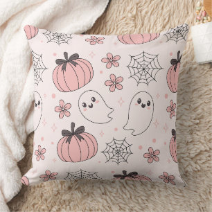 Kawaii Pink Halloween Ghosts & Pumpkins Throw Pillow