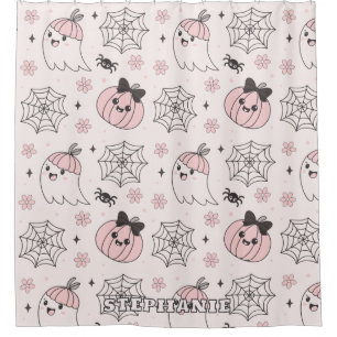 Kawaii Pink Halloween Pattern with Ghost, Pumpkin
