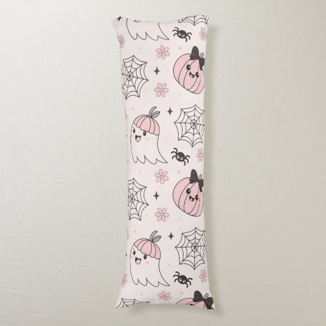 Kawaii Pink Halloween Pattern with Ghost, Pumpkin  Body Pillow (Front Vertical)