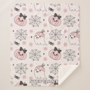 Kawaii Pink Halloween Pattern with Ghost, Pumpkin Sherpa Blanket