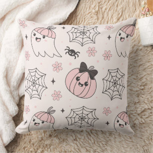 Kawaii Pink Halloween Pattern with Ghost, Pumpkin Throw Pillow