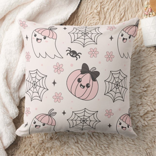 Kawaii Pink Halloween Pattern with Ghost, Pumpkin  Throw Pillow (Blanket)