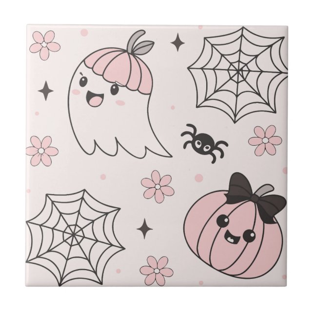 Kawaii Pink Halloween Pattern with Ghost, Pumpkin  Tile (Front)