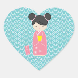 Kawaii Pink Kokeshi Heart Sticker