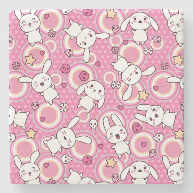 kawaii pink pattern stone coaster (Front)