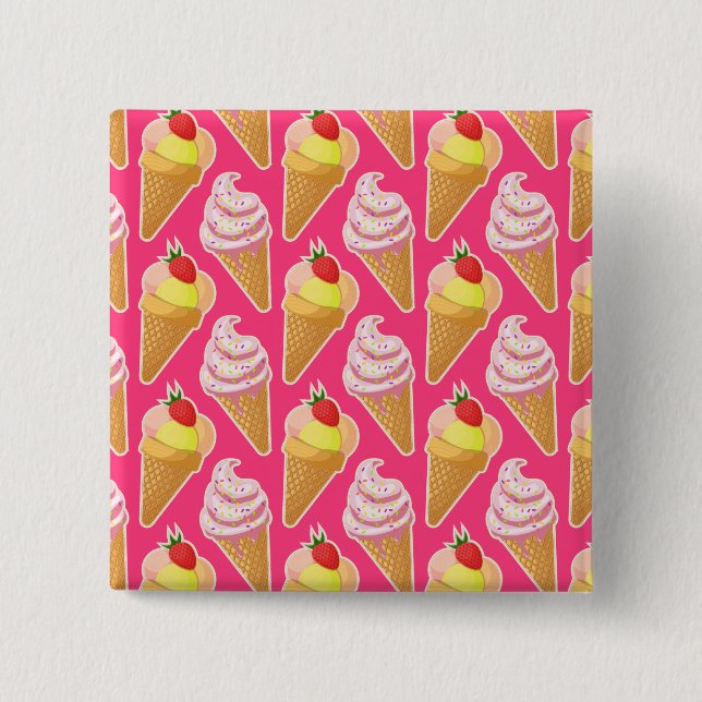 Kawaii pink pattern with strawberry ice cream  2 inch square button (Front)