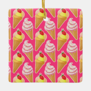 Kawaii pink pattern with strawberry ice cream  ceramic ornament