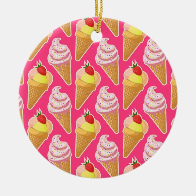 Kawaii pink pattern with strawberry ice cream  ceramic ornament (Front)