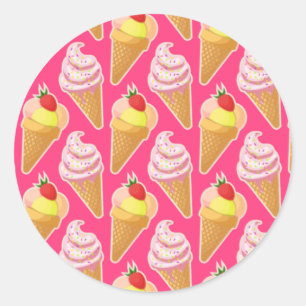 Kawaii pink pattern with strawberry ice cream  classic round sticker
