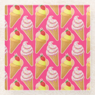 Kawaii pink pattern with strawberry ice cream glass coaster