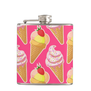 Kawaii pink pattern with strawberry ice cream  hip flask