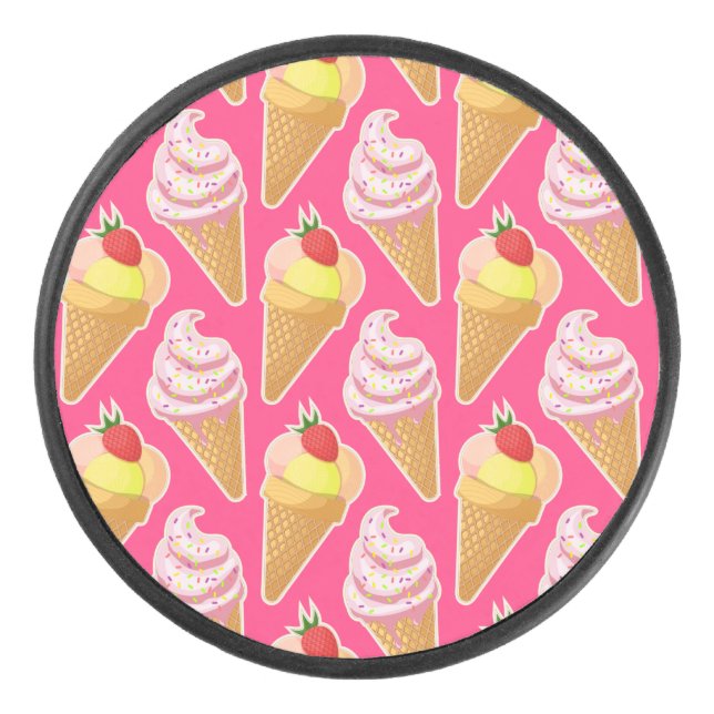Kawaii pink pattern with strawberry ice cream hockey puck (Front)