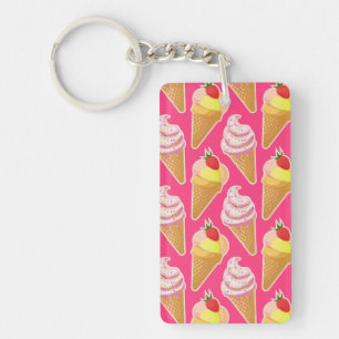 Kawaii pink pattern with strawberry ice cream keychain