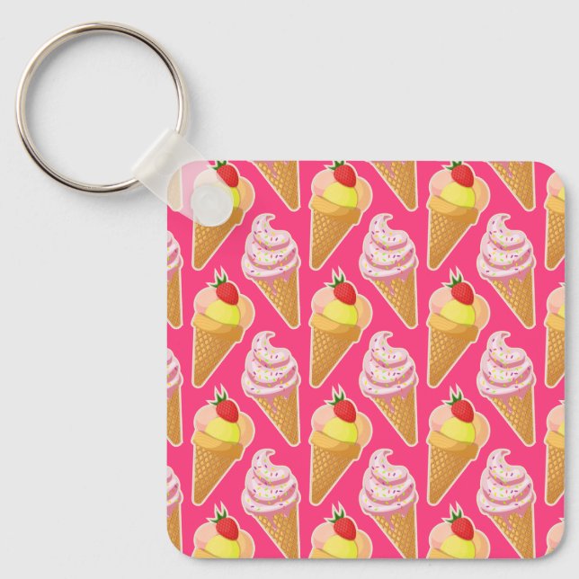 Kawaii pink pattern with strawberry ice cream  keychain (Front)
