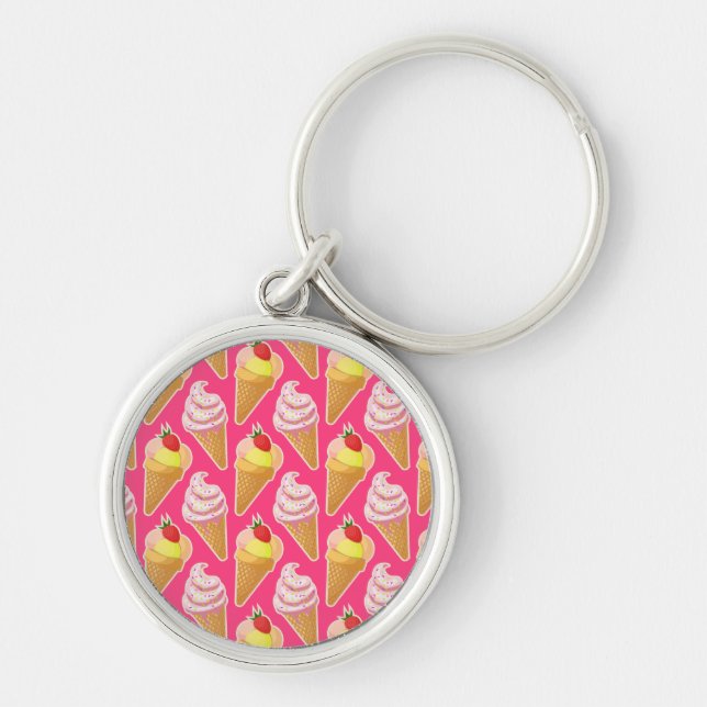 Kawaii pink pattern with strawberry ice cream  keychain (Front)