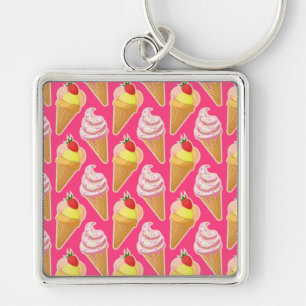 Kawaii pink pattern with strawberry ice cream keychain