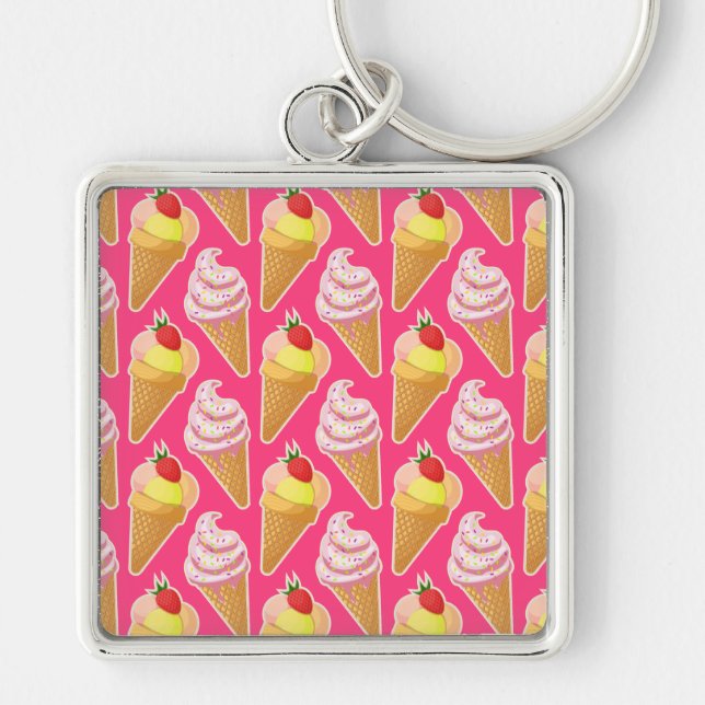 Kawaii pink pattern with strawberry ice cream  keychain (Front)