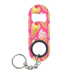 Kawaii pink pattern with strawberry ice cream keychain bottle opener