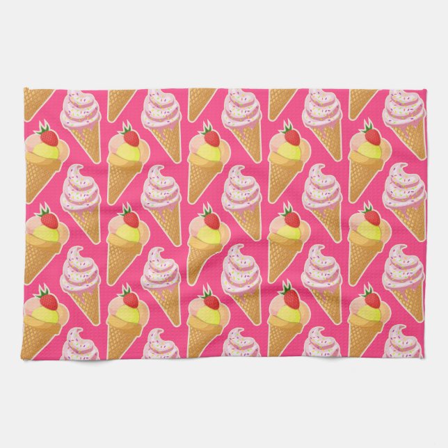 Kawaii pink pattern with strawberry ice cream  kitchen towel (Horizontal)