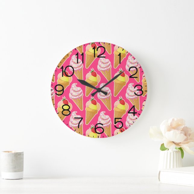 Kawaii pink pattern with strawberry ice cream  large clock (Home)