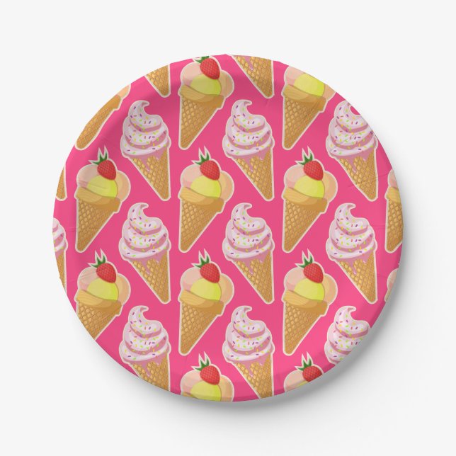 Kawaii pink pattern with strawberry ice cream  paper plate (Front)