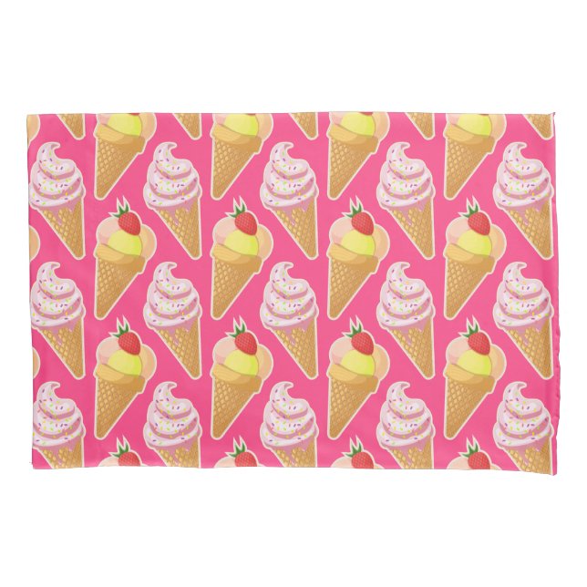Kawaii pink pattern with strawberry ice cream  pillowcase (Front-Left)
