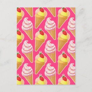 Kawaii pink pattern with strawberry ice cream  postcard