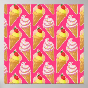 Kawaii pink pattern with strawberry ice cream  poster