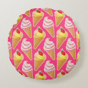 Kawaii pink pattern with strawberry ice cream  round pillow