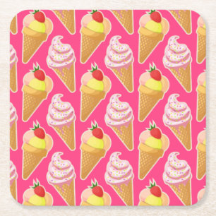 Kawaii pink pattern with strawberry ice cream square paper coaster
