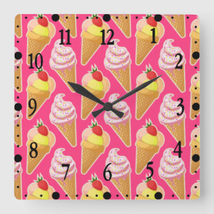 Kawaii pink pattern with strawberry ice cream  square wall clock